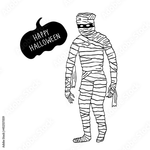 Hand drawn little cute walking mummy for happy Halloween concept. Vector illustration in doodle art style on white background