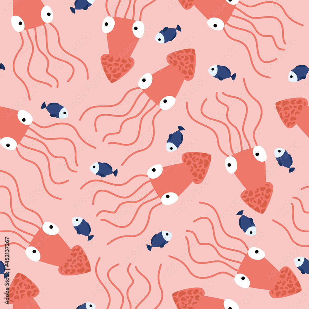 Cute abstract seamless pattern with octopus and fish on a pink background. Underwater wildlife and cute marine animals. Vector illustration flat, wallpaper, background, print, textiles. Cute abstract seamless pattern with octopus and fish on a pink background. Underwater wildlife and cute marine animals. Vector illustration flat, wallpaper, background, print, textiles.