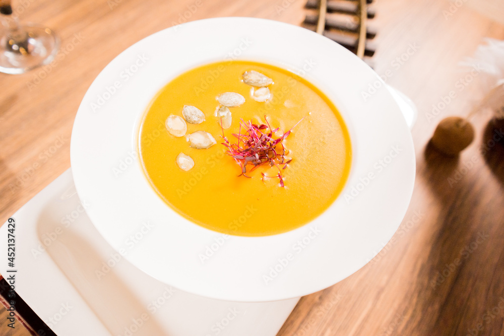 Puree soup in a white plate Puree soup in a white plate