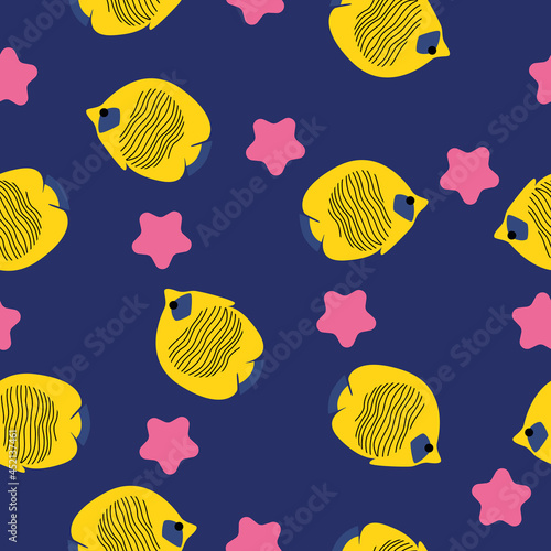 Seamless pattern with yellow fish on a blue background. Underwater world and marine life. Vector illustration flat, wallpaper, background, print, textiles.