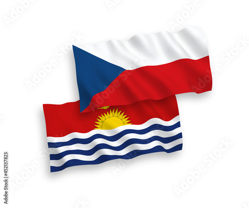 National vector fabric wave flags of Czech Republic and Republic of Kiribati isolated on white background. 1 to 2 proportion.