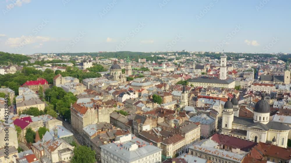 Beautiful aerial view of the Lviv city, historical city center, Ukraine, Western Ukraine. View of the Theatre of Opera and Ballet. Beautiful aerial view of the Lviv city, historical city center, Ukraine, Western Ukraine. View of the Theatre of Opera and Ballet.