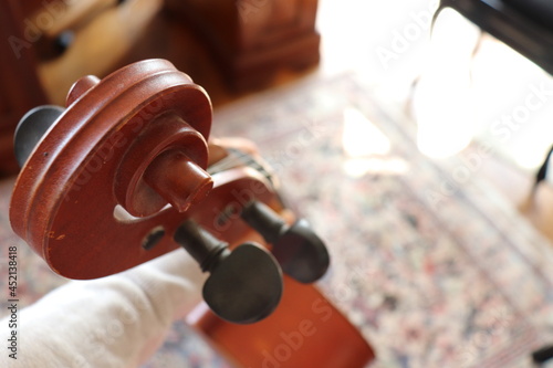 cello on a carpet seen from above 