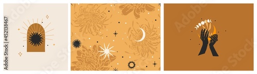 Hand drawn vector abstract flat stock graphic illustrations logo emblem collection set with magic astrology celestial golden moon phases,sun and stars,contemporary mystic and simple collage shapes.