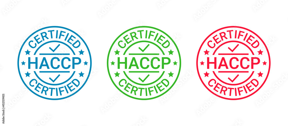 HACCP certified badge. Certificate round stamp. Hazard analysis and Critical Control Points emblem. Food safety system. Quality warranty icon isolated on white background. Vector illustration.