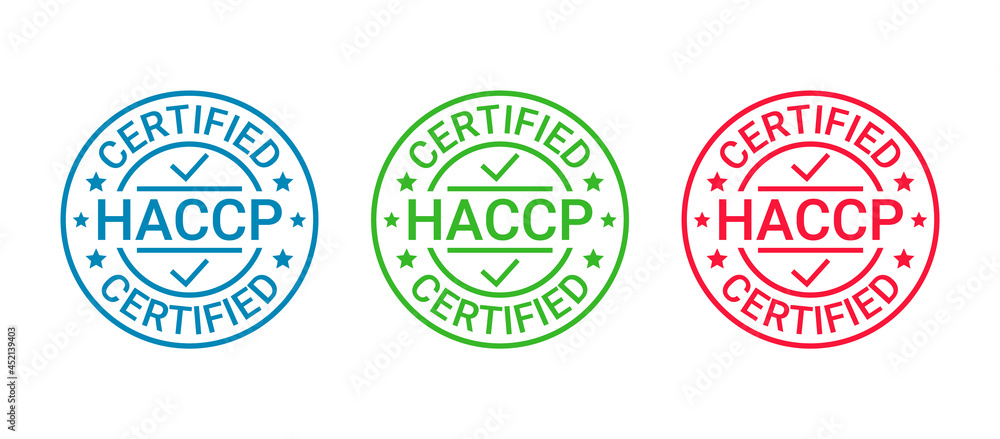 Obraz premium HACCP certified badge. Certificate round stamp. Hazard analysis and Critical Control Points emblem. Food safety system. Quality warranty icon isolated on white background. Vector illustration.