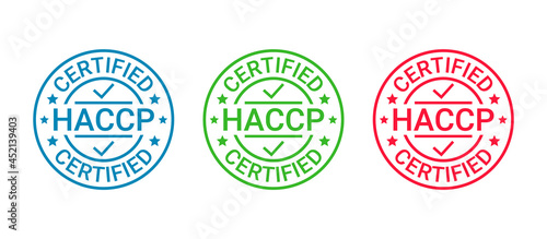 HACCP certified badge. Certificate round stamp. Hazard analysis and Critical Control Points emblem. Food safety system. Quality warranty icon isolated on white background. Vector illustration.