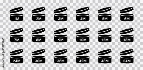PAO icons. Period after opening symbols. Set packaging signs for cosmetic products. Expiration period in months isolated on transparent. Round box with cap. Black expiry labels. Vector illustration