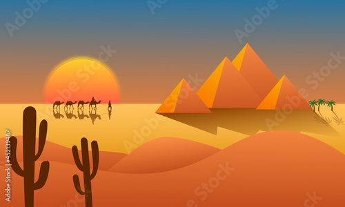 Vector Illustration of Ancient Egyptian Pyramid. Sunset in Desert with Camels  Palm Trees and Cactus