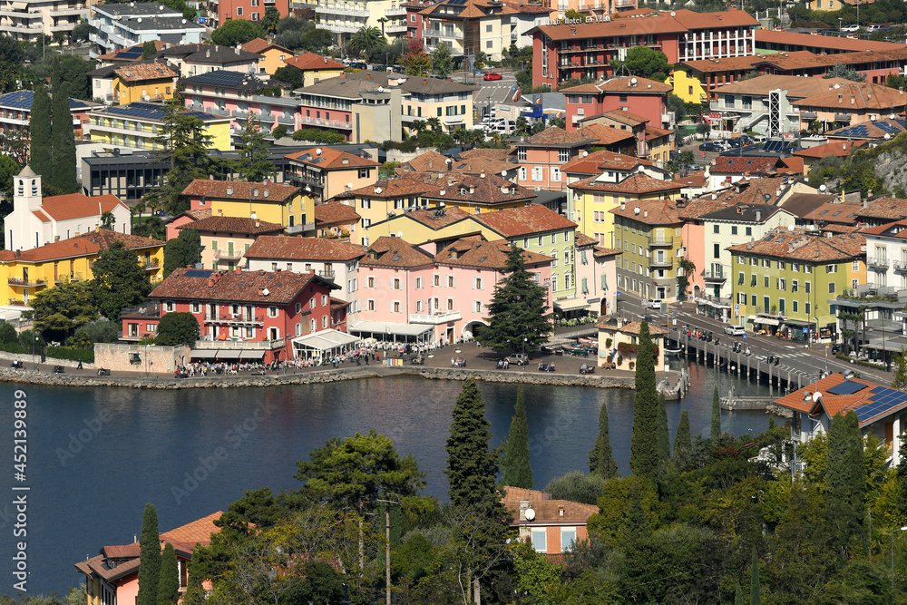 Torbole, a beautiful Italian town at Lago di Garda. Top view to the old town center. Trentino, Italy.