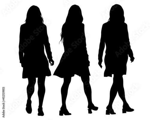 Beauty young girl in dress walking down street. Isolated silhouette on white background