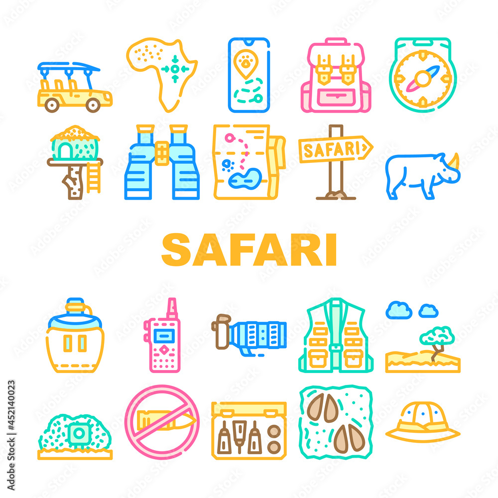 Safari African Hunting Vacation Icons Set Vector. Rhinoceros Animal Hunt In Safari And Hunter Equipment, Compass And Binoculars Tool, Walkie-talkie And Flask Drink Line. Color Illustrations