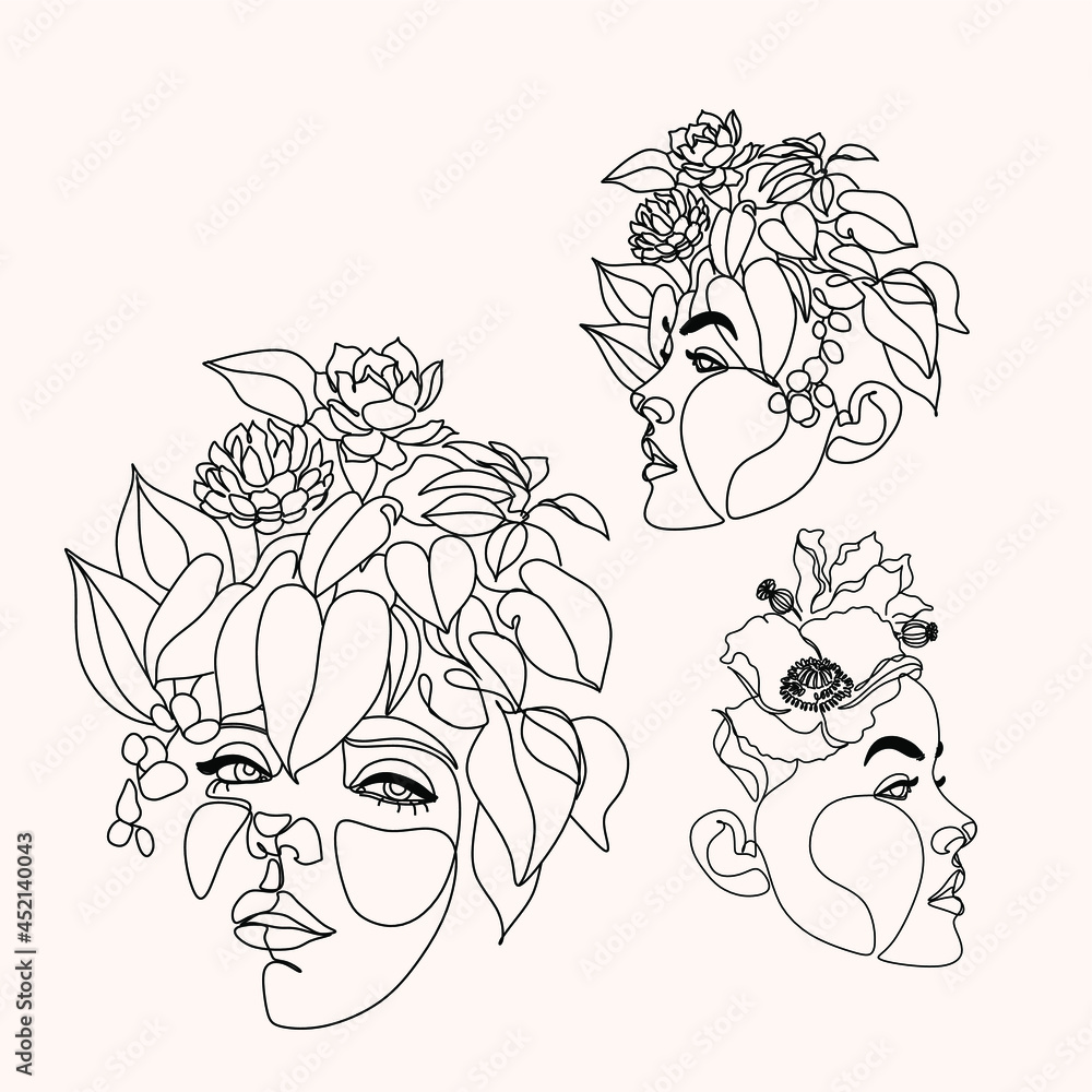 custom made wallpaper toronto digitalFlower face woman line drawing. Modern continuous line art. Women line art. Beauty salon logo. Coloring book. Botanical print. Nature symbol of cosmetics. Fashion logo.