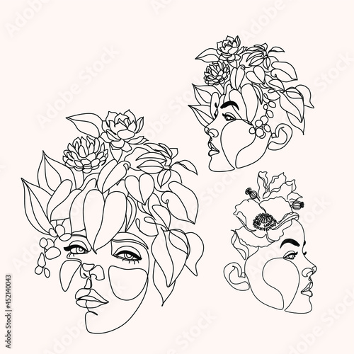 Wallpaper Mural Flower face woman line drawing. Modern continuous line art. Women line art. Beauty salon logo. Coloring book. Botanical print. Nature symbol of cosmetics. Fashion logo. Torontodigital.ca