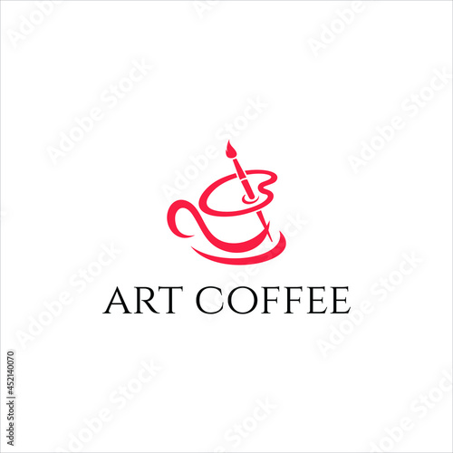 logo design coffee cup with palette brush, abstract, line vector