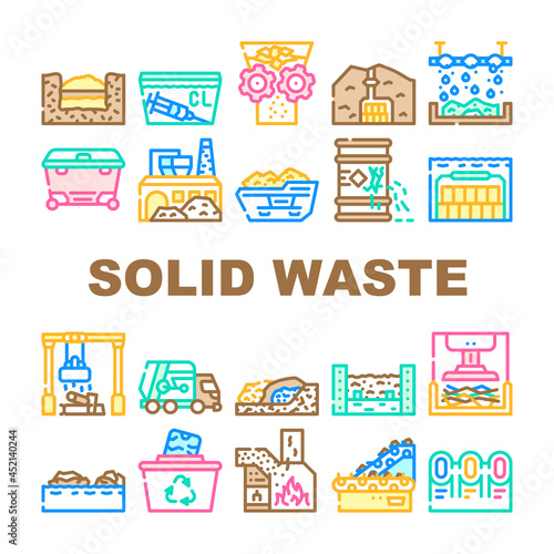 Solid Waste Management Business Icons Set Vector. Medical Garbage Disposal And Metals Sorting, Waste Industrial Processing And Pressing, Burial In Mountain And Underwater Line. Color Illustrations
