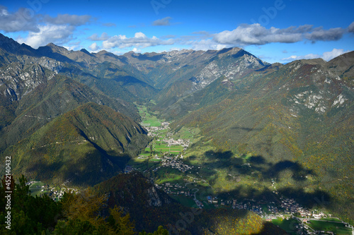 Some small towns near Lago di Ledro and their surrounding mountains. Fantastic view from Monte Corno. Trentino, Italy.