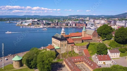 Akershus Fortress aerial panoramic view in Oslo, Norway. Akershus Festning is a medieval fortress that was built to protect Oslo. photo