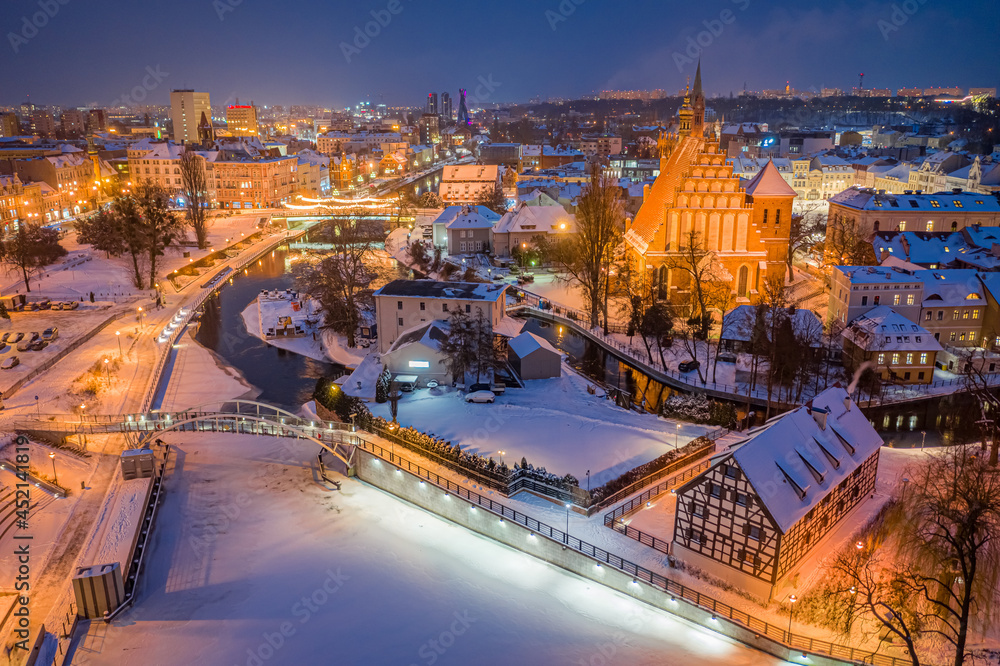 Aerial view of downtown Bydgoszcz in winter at dusk