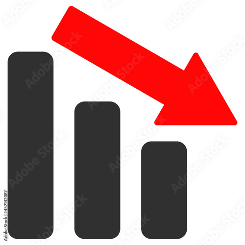 Down trend bar chart icon with flat style. Isolated vector down trend bar chart icon image on a white background.