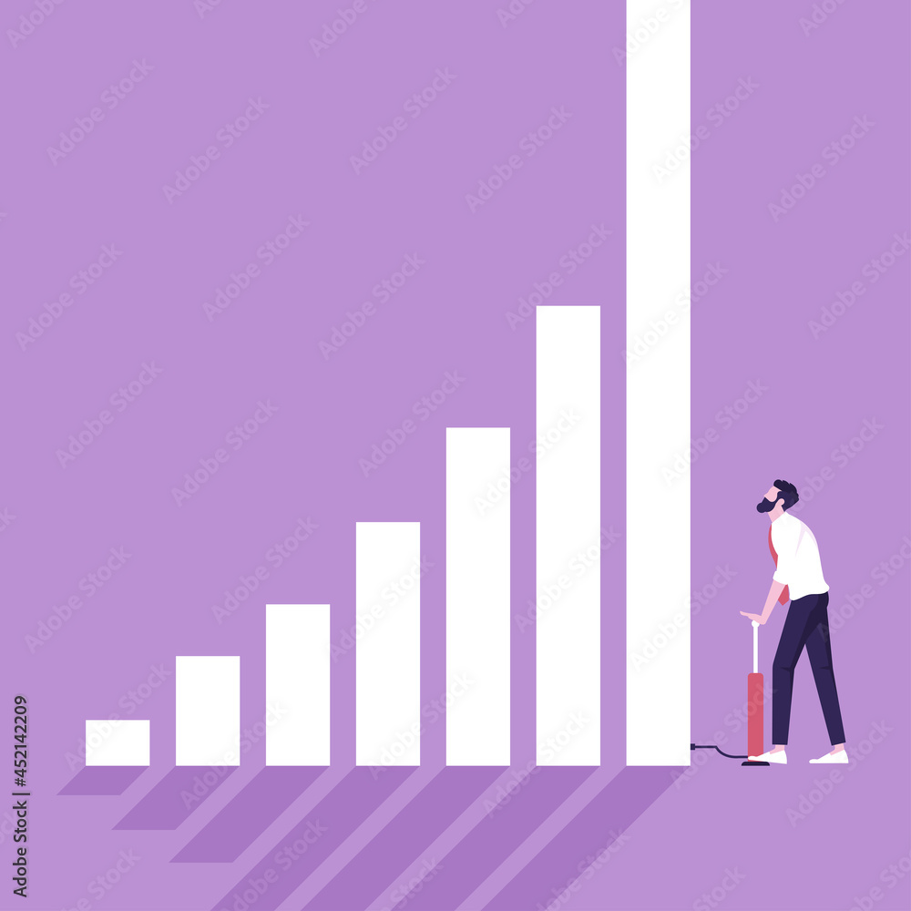 Inflate chart for business vector concept - Businessman pumping up a growth graph with bicycle air pumps, Economy growth concept Inflate chart for business vector concept - Businessman pumping up a growth graph with bicycle air pumps, Economy growth concept