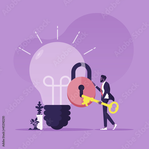 Invent new product or creativity in business concept - Unlock new business idea, businessman holding golden key about to insert into key hold on lightbulb idea