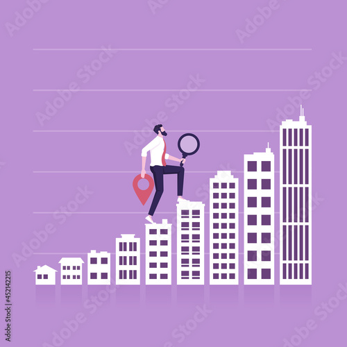 Real estate investment, Businessman walking up Ascending buildings forming bar graph, Property investment and mortgage business concept