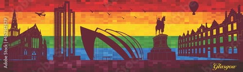 Glasgow on LGBT flag background - illustration, 
Town in Rainbow background, 
Vector city skyline silhouette