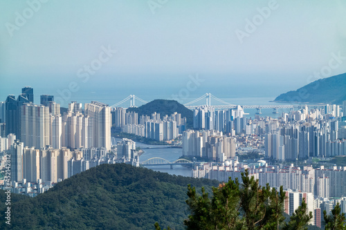City and sea in Haeundae, Busan, South Korea, taken from the top of a high mountain.
