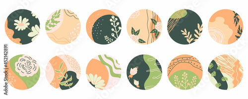 Set of 12 abstract vector rounds for social media stories for bloggers. Bundle of templates for Story Highlights Covers Icons. Chamomile, various branches, flowers,  leaves, spots, curve and lines.