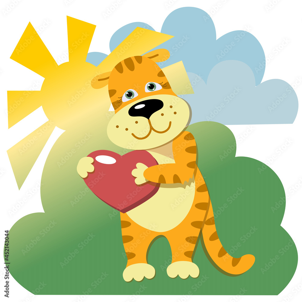 Vector illustration, the character of a cute tiger cub holding a red heart. The symbol of 2022 is a tiger with a heart on the background of a summer landscape Vector illustration, the character of a cute tiger cub holding a red heart. The symbol of 2022 is a tiger with a heart on the background of a summer landscape