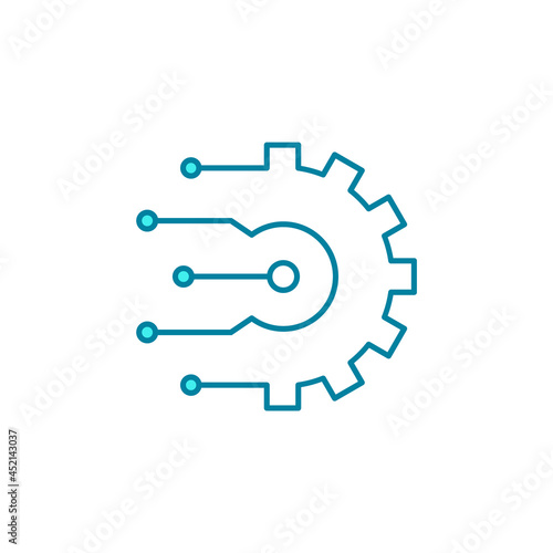 Artificial intelligence gear line icon. Machine learning process. Automation and industry 4.0 revolution. Digital transformation. Smart future business technology. Vector illustration, flat, clip art.