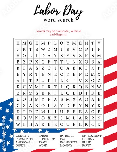 Labor Day word search puzzle. 16  holiday themed words to find.  Printable educational game. Crossword for learning English words. Vector illustration
