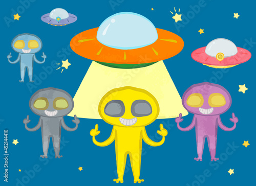 Cute illustrations of spaceships and aliens