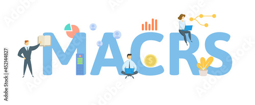 MACRS, Modified Accelerated Cost Recovery System. Concept with keyword, people and icons. Flat vector illustration. Isolated on white.