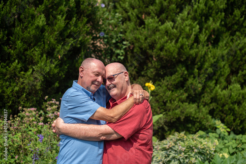 A senior gay couple embrace outdoors in summer.