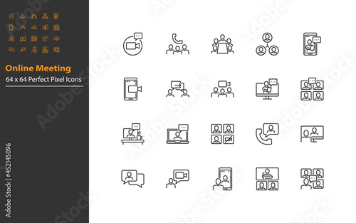 set of online meeting line icons, video call, video conference