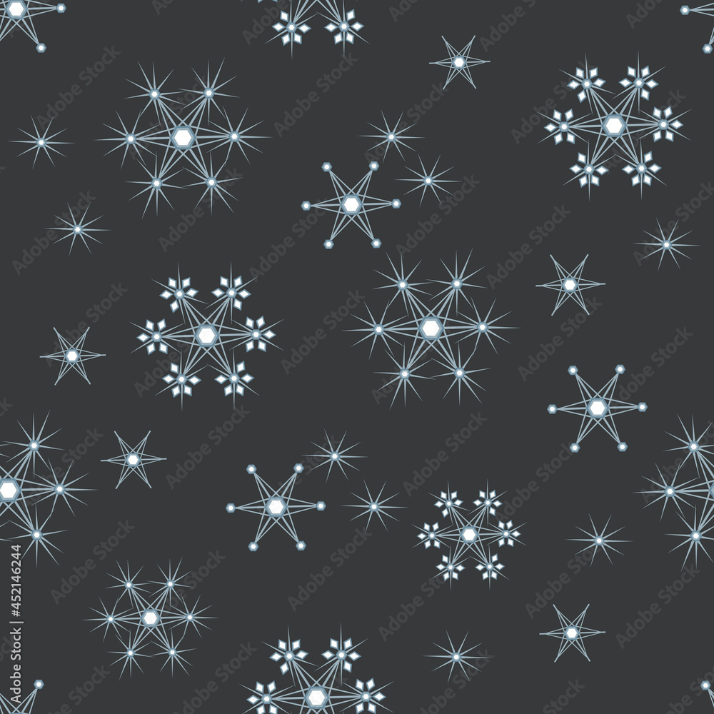 Seamless pattern from beautiful blue snowflakes on a dark background. New Year's festive theme. Repeatable vector design for winter decor, print, wallpaper, embellishments, packaging, textiles Seamless pattern from beautiful blue snowflakes on a dark background. New Year's festive theme. Repeatable vector design for winter decor, print, wallpaper, embellishments, packaging, textiles