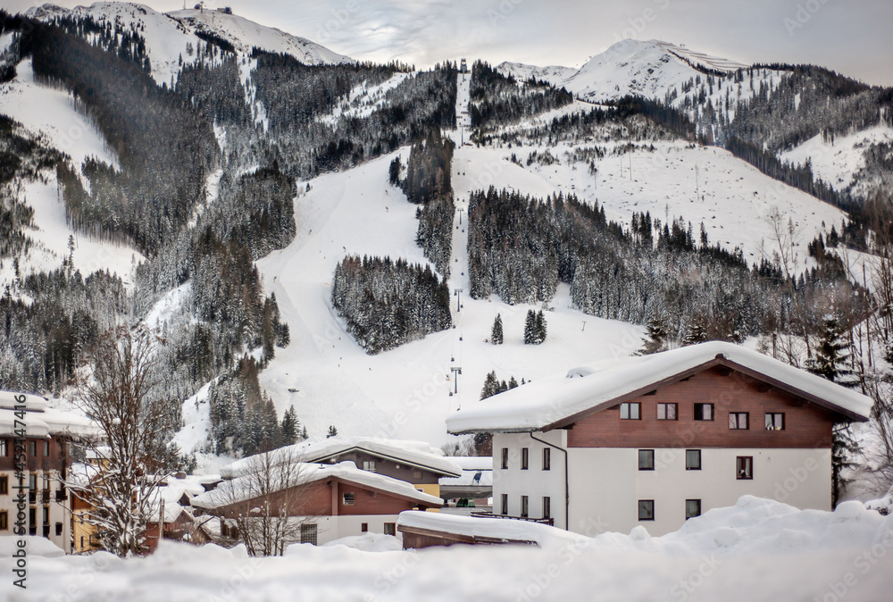 Ski slopes and mountains landscape  in  Saalbach - Hinterglemm resort, Austria.