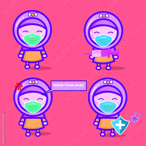 set of cute Muslim characters wearing a mask