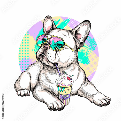 Cute cartoon french bulldog with ice cream . Bright summer composition for printing on any surface