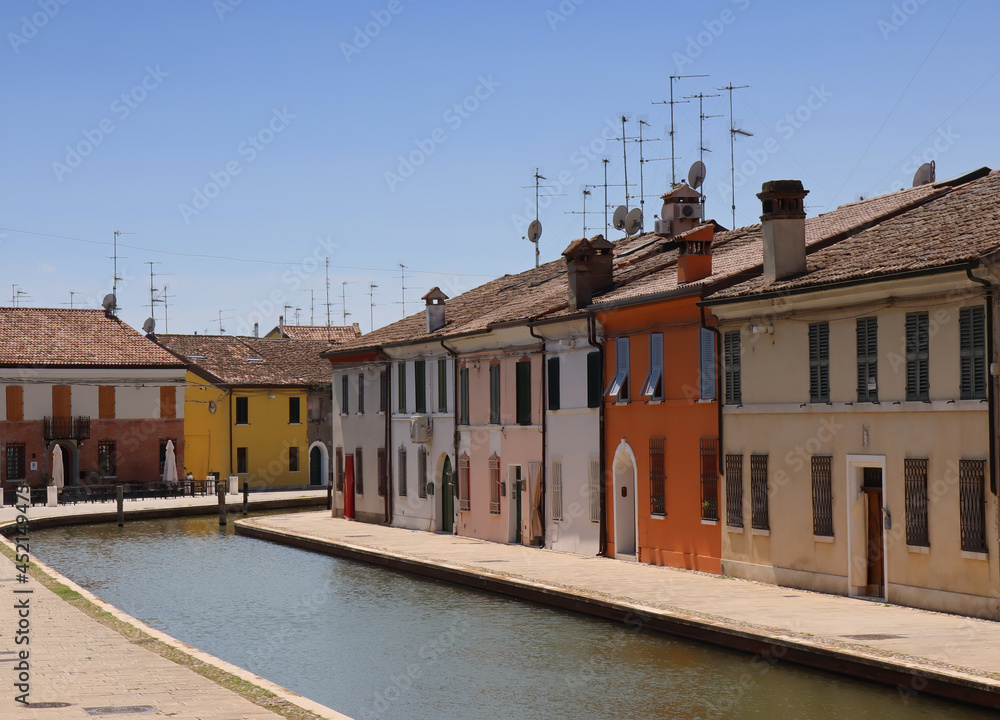 Colored buildings of medieval lagoon of Comacchio. Comacchio is also known as the Little Venice of Italy