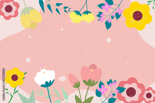 floral backdrop decorated with gorgeous multicolored blooming flowers and leaves border. Spring botanical flat vector illustration
