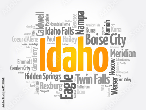 List of cities in Idaho USA state, word cloud concept background photo