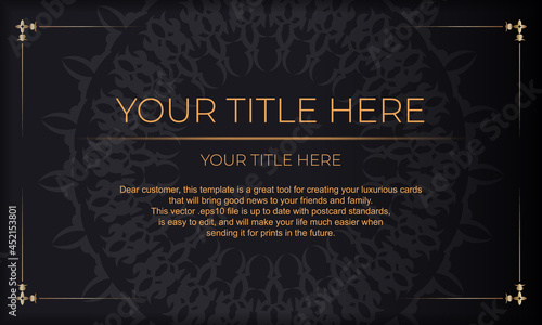 Template for design printable invitation card with vintage patterns. Black banner with luxurious monogram ornaments and place for your design.