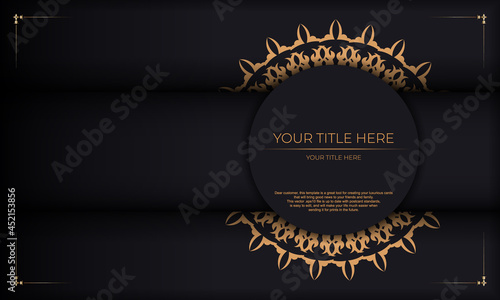 Invitation card design with vintage patterns. Black banner with luxurious monogram ornaments and place for your text.