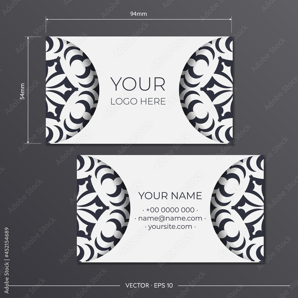 Template for printing design business cards of white color with black patterns. Business card preparation with luxurious ornaments. Template for printing design business cards of white color with black patterns. Business card preparation with luxurious ornaments.
