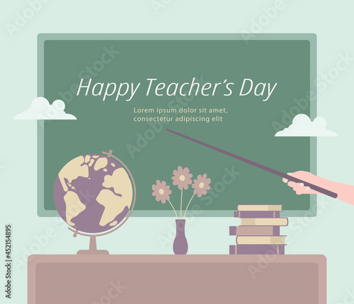 Template for Happy Teachers Day. Hand gesture with a pointer indicating congratulations. Flat vector illustration.