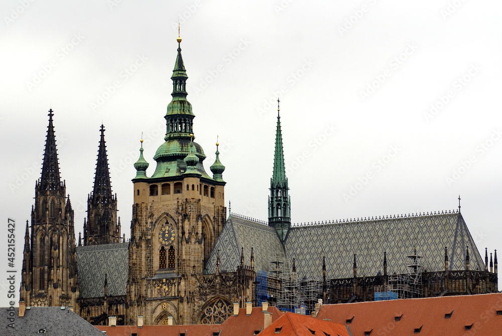 Clock tower on St. Vitus Cathedral in Prague Castle, Prague, Czech Republic