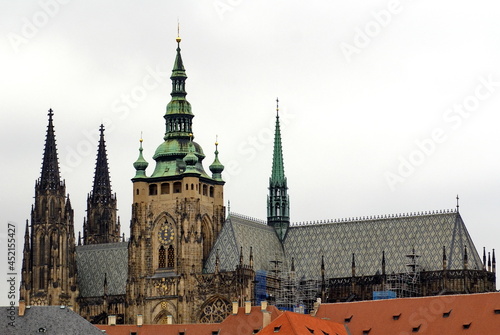 Clock tower on St. Vitus Cathedral in Prague Castle, Prague, Czech Republic